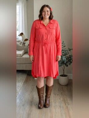 Women’s Coral Shirt Dress with Drawstring Waist NWT
